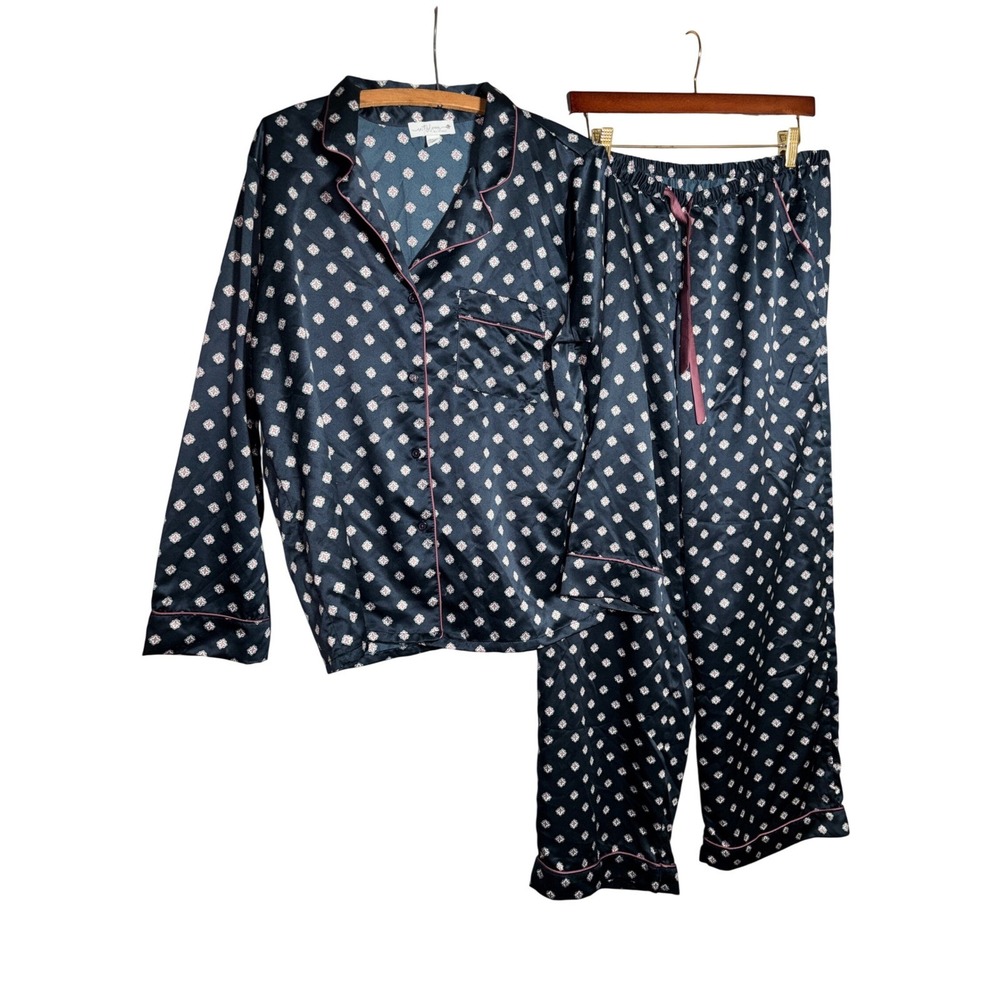 In Bloom by Jonquil Womens L Navy Blue Satin Pajama Set Floral Medallion Cottage